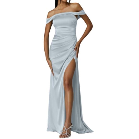 AW BRIDAL SZ 8 M Baby Blue Rosamund Satin Forma Bridesmaid Prom Maxi Dress B143 - Picture 1 of 10
